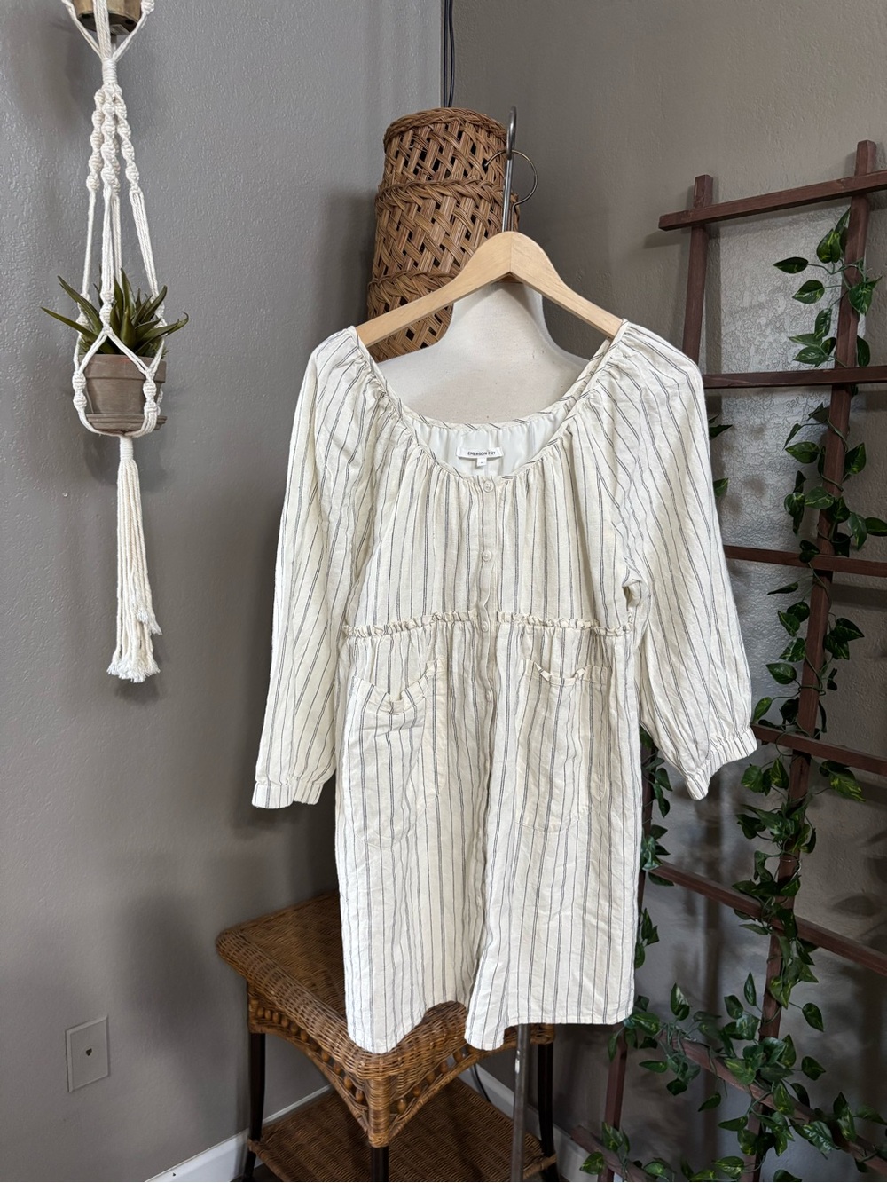 Emerson Fry Jasmine Button Dress Ivory Stripe Organic sz Small - Picture 7 of 12